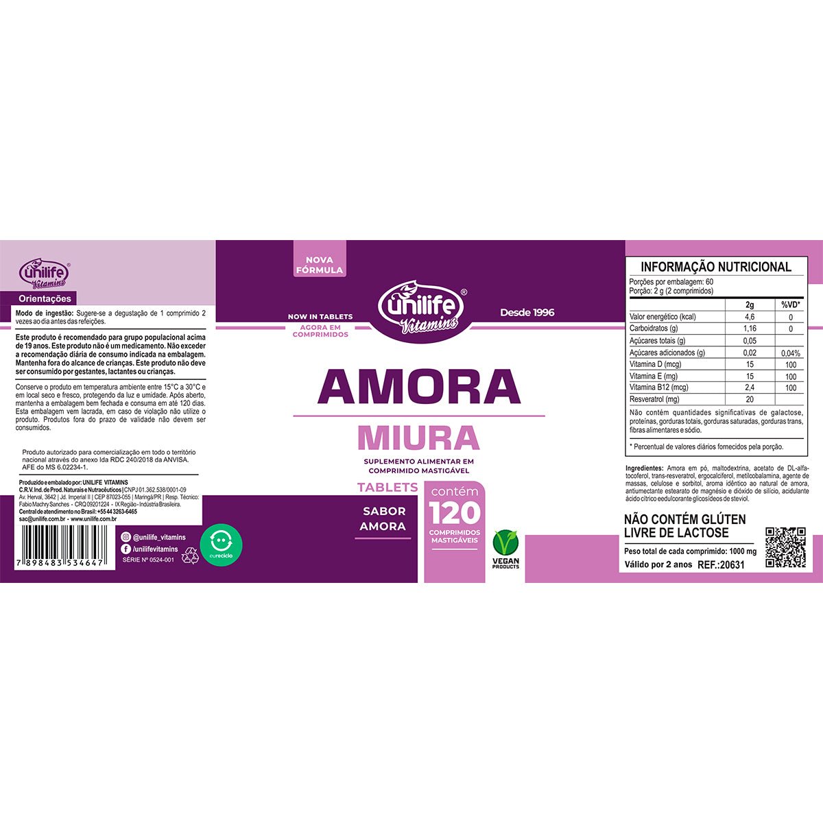 Amora Mastigável com Vitaminas E D e B12 Comprimidos Unilife - Unilife - Viva Nutrição Amora Mastigável com Vitaminas E D e B12 Comprimidos Unilife - Unilife - Viva Nutrição