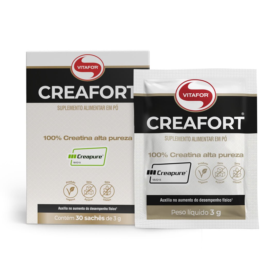 Creafort 30 Sachês de Creatina Pura Vegana Vitafor 3g Potencialize Seus Treinos - Vitafor - Viva Nutrição